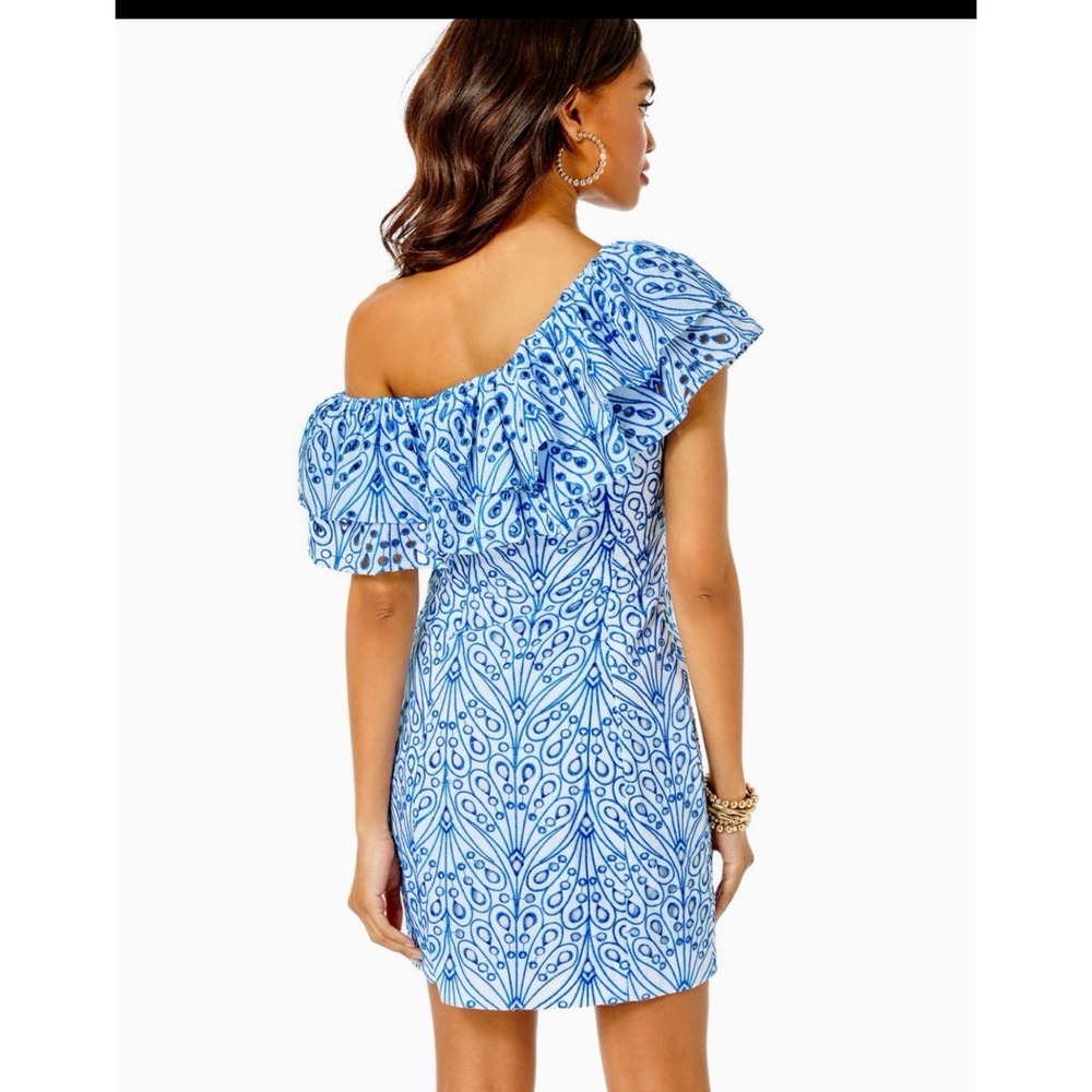 Lilly Pulitzer Sundea One-Shoulder Eyelet Shift Dress Blue Tang Hey Soleil 2 NWT